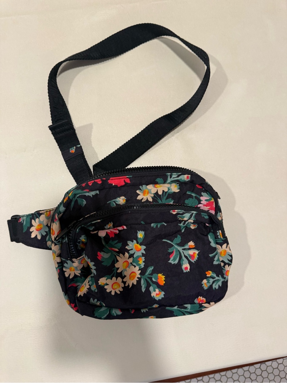 BAGGU Black Floral Crossbody Bag with Multicolor Daisies Laura Ashley print
